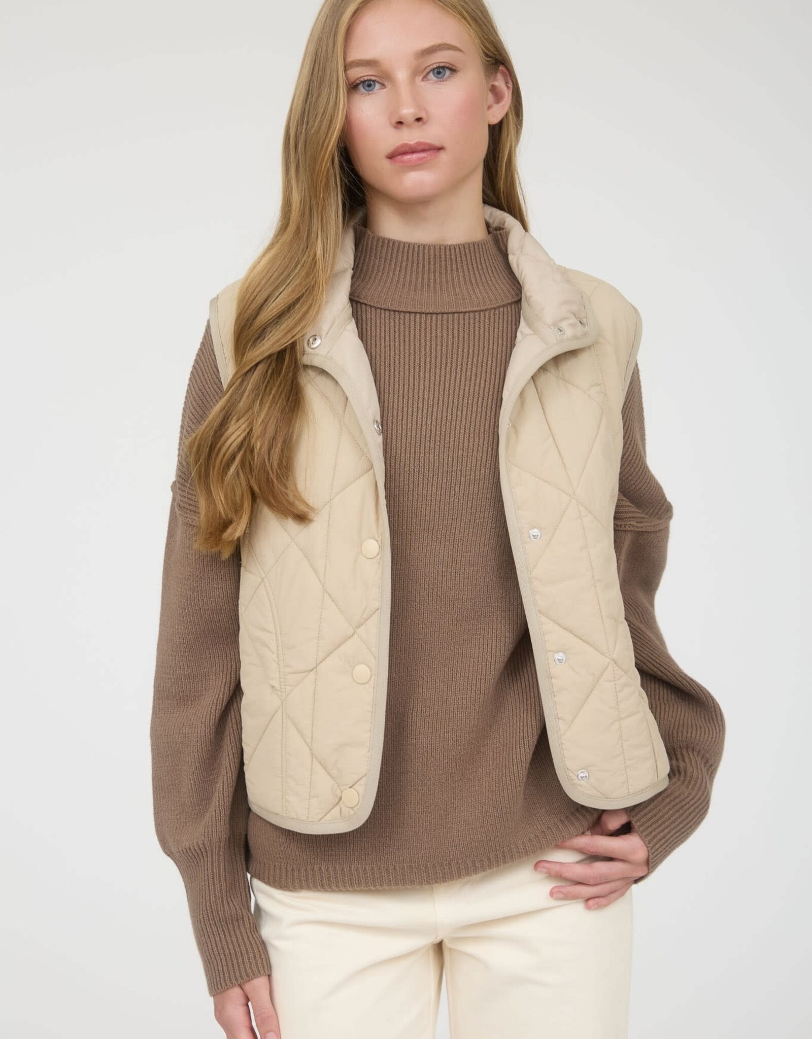 Miss Bliss M&E Snap Button Quilted Puffer Vest-Khaki
