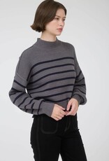 Miss Bliss M&E Stripe Mock Nck Drop Shldr Knit Swtr-Charcoal