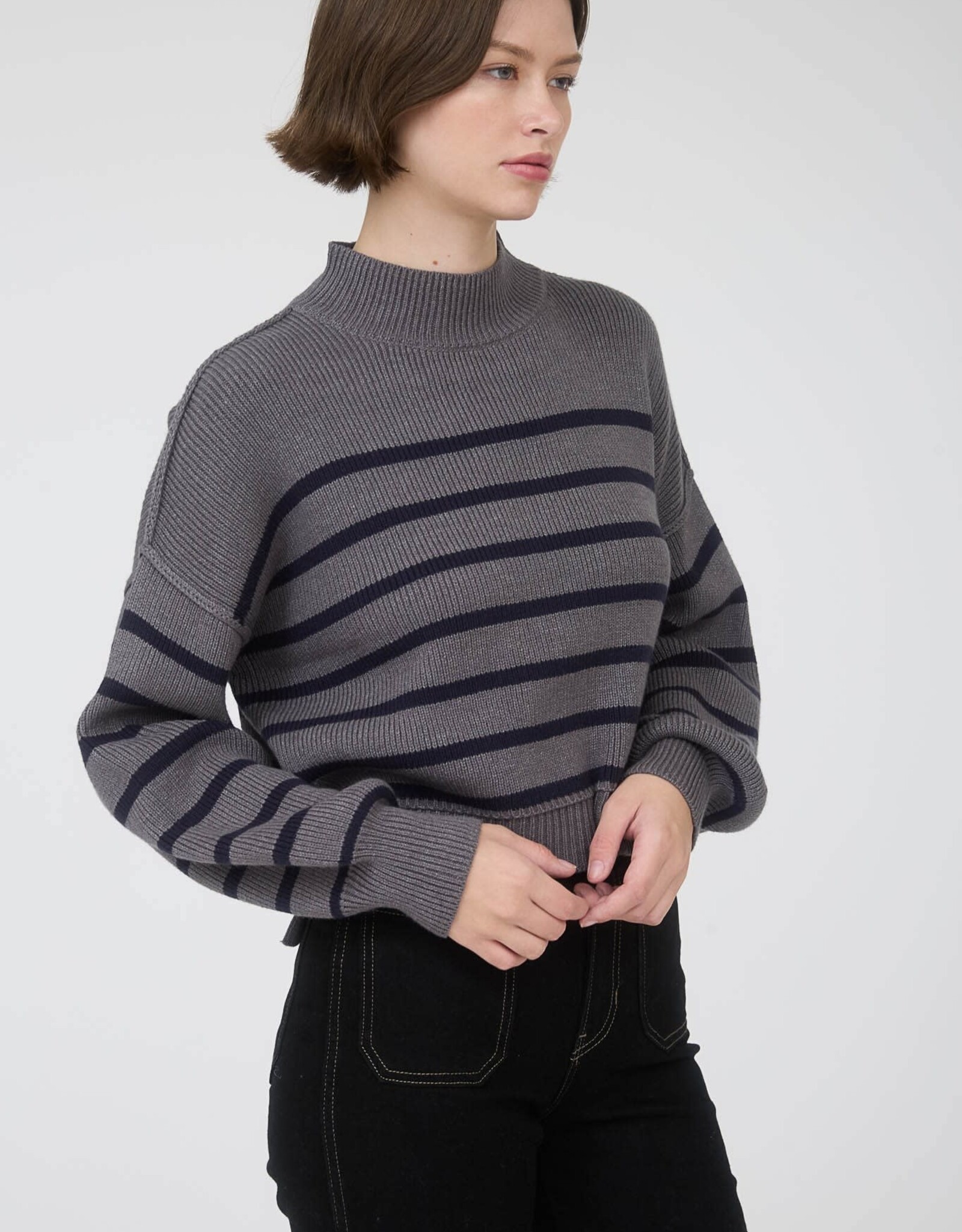 Miss Bliss M&E Stripe Mock Nck Drop Shldr Knit Swtr-Charcoal