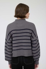 Miss Bliss M&E Stripe Mock Nck Drop Shldr Knit Swtr-Charcoal