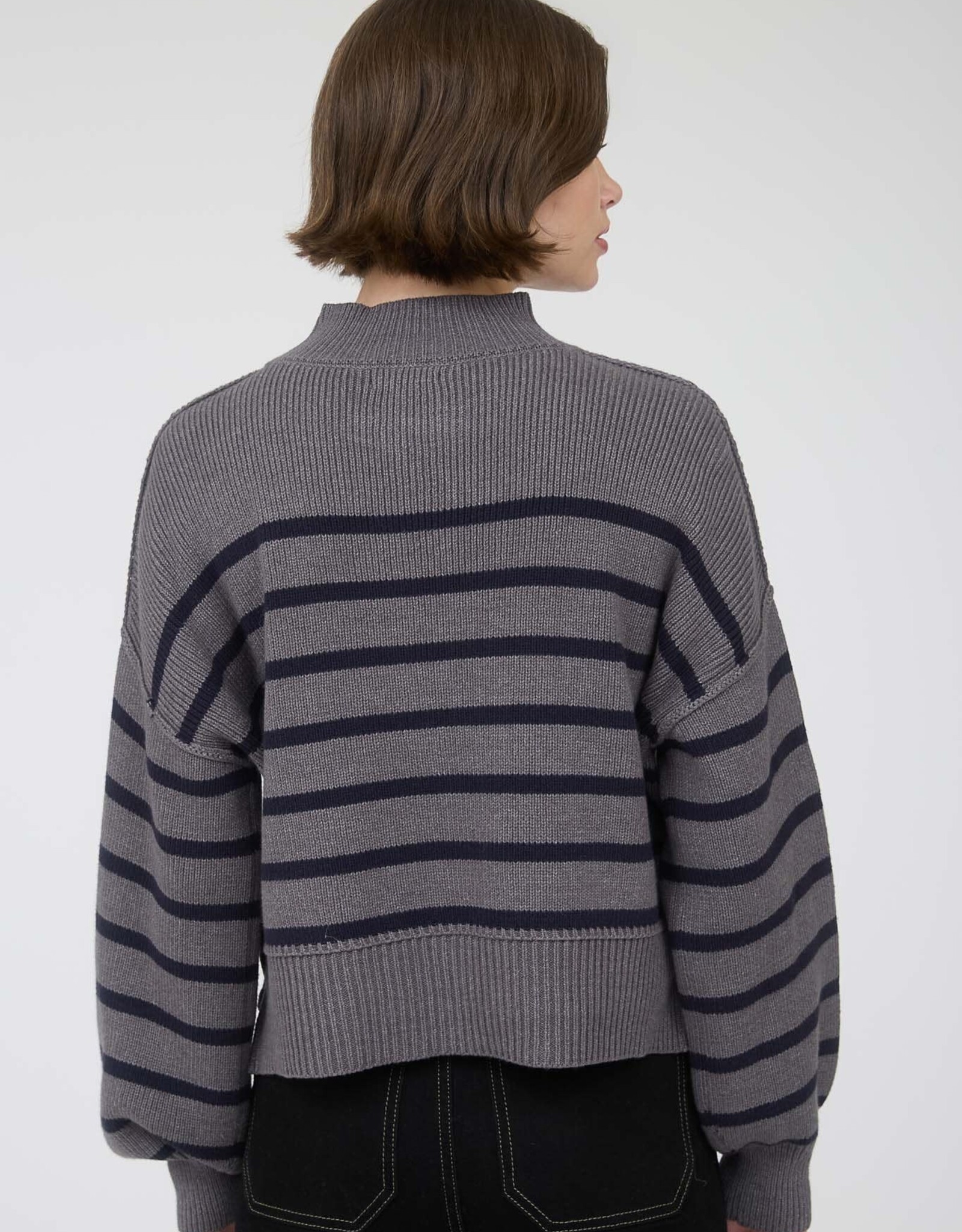 Miss Bliss M&E Stripe Mock Nck Drop Shldr Knit Swtr-Charcoal