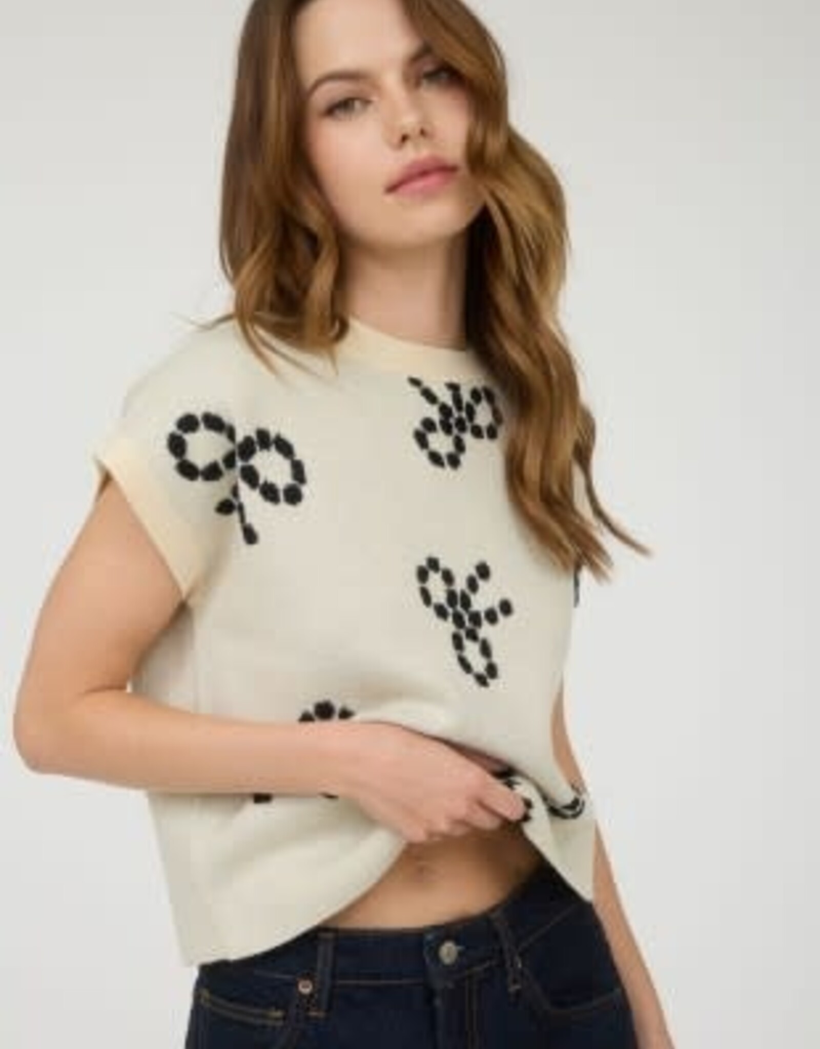 Miss Bliss M&E Bow Round Nck SS Knit Sweater Top-Ivory