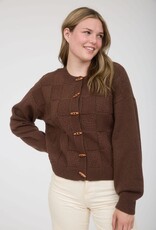 Miss Bliss M&E Checkered Toggle Btn Dwn Knit Cardigan-Brown