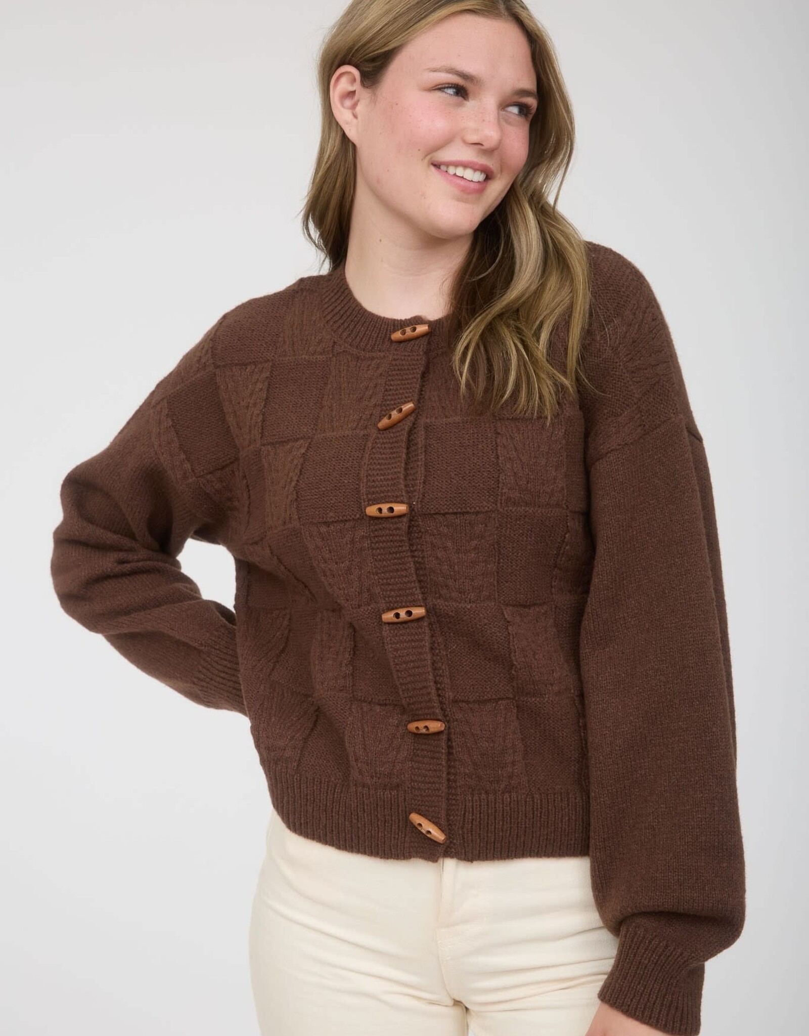 Miss Bliss M&E Checkered Toggle Btn Dwn Knit Cardigan-Brown