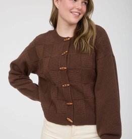 Miss Bliss Checkered Toggle Button Cardigan-Brown