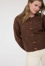 Miss Bliss M&E Checkered Toggle Btn Dwn Knit Cardigan-Brown