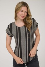 Miss Bliss M&E Stripe Side Button Dwn Cuff Slv Top-Black