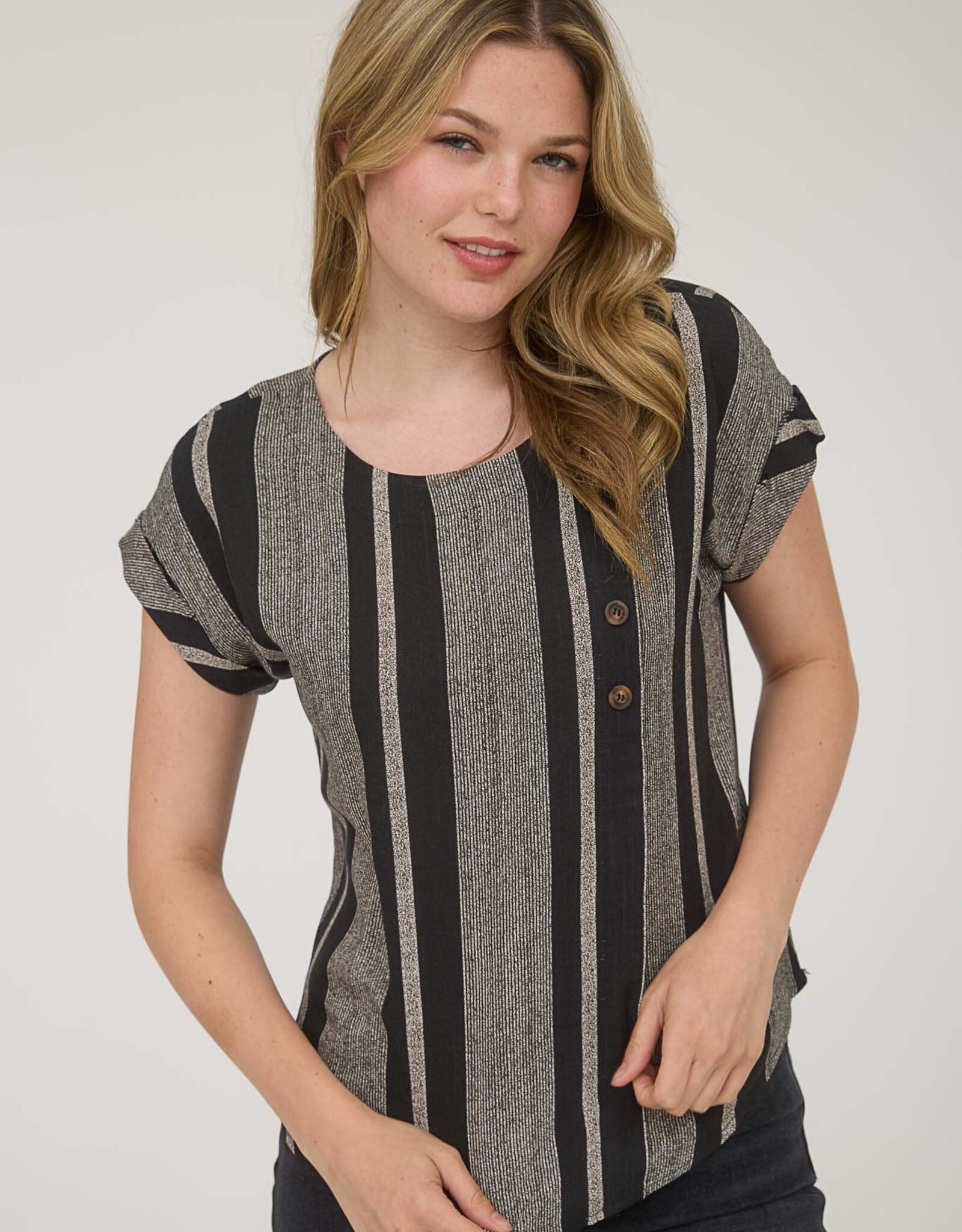 Miss Bliss M&E Stripe Side Button Dwn Cuff Slv Top-Black