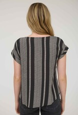 Miss Bliss M&E Stripe Side Button Dwn Cuff Slv Top-Black