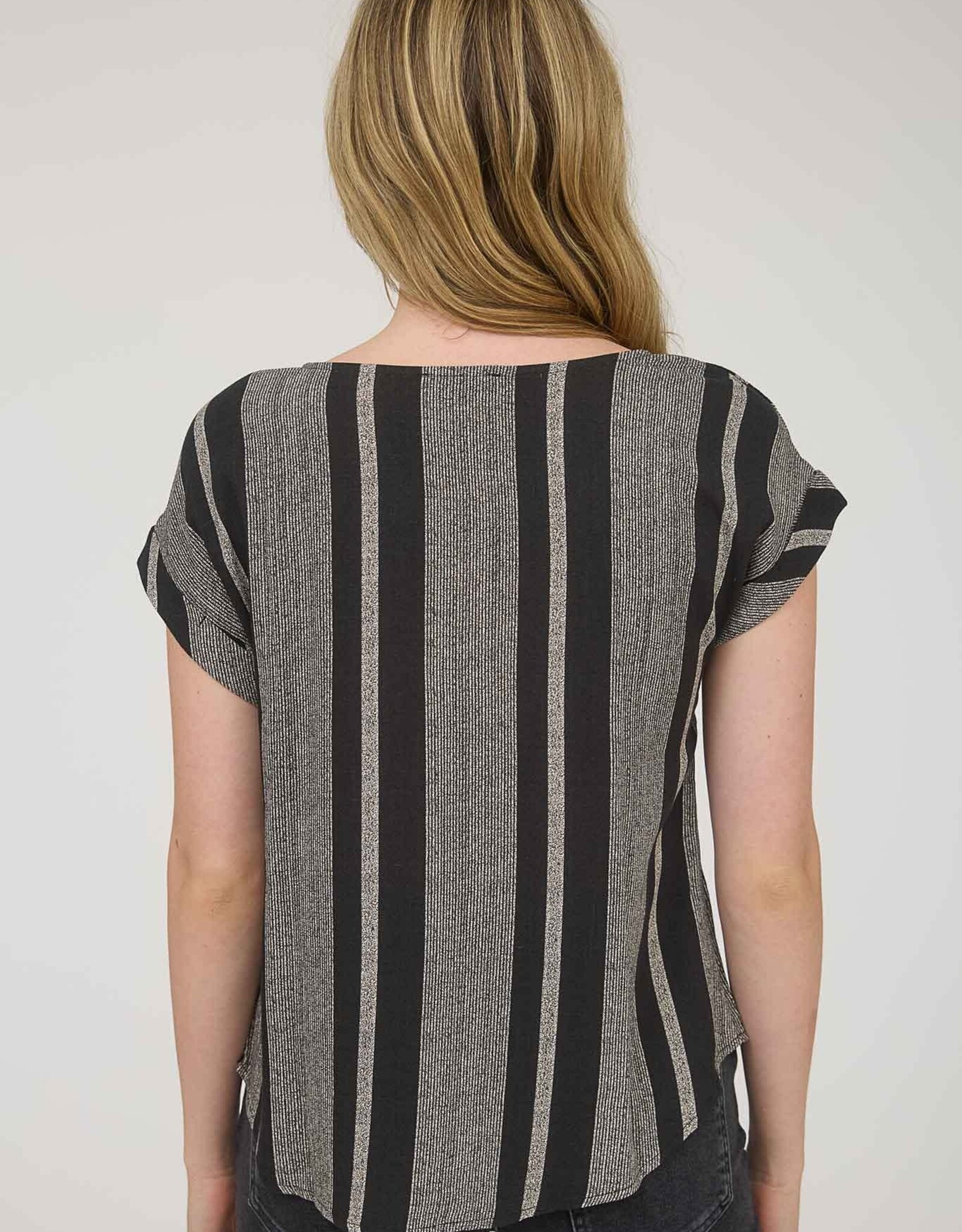 Miss Bliss M&E Stripe Side Button Dwn Cuff Slv Top-Black