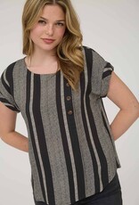 Miss Bliss M&E Stripe Side Button Dwn Cuff Slv Top-Black