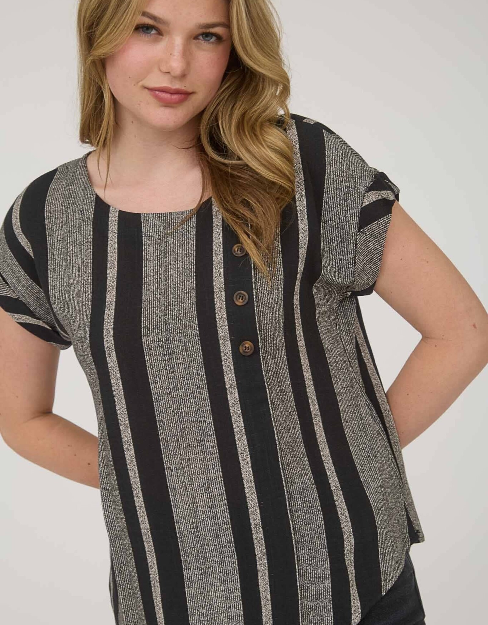 Miss Bliss M&E Stripe Side Button Dwn Cuff Slv Top-Black