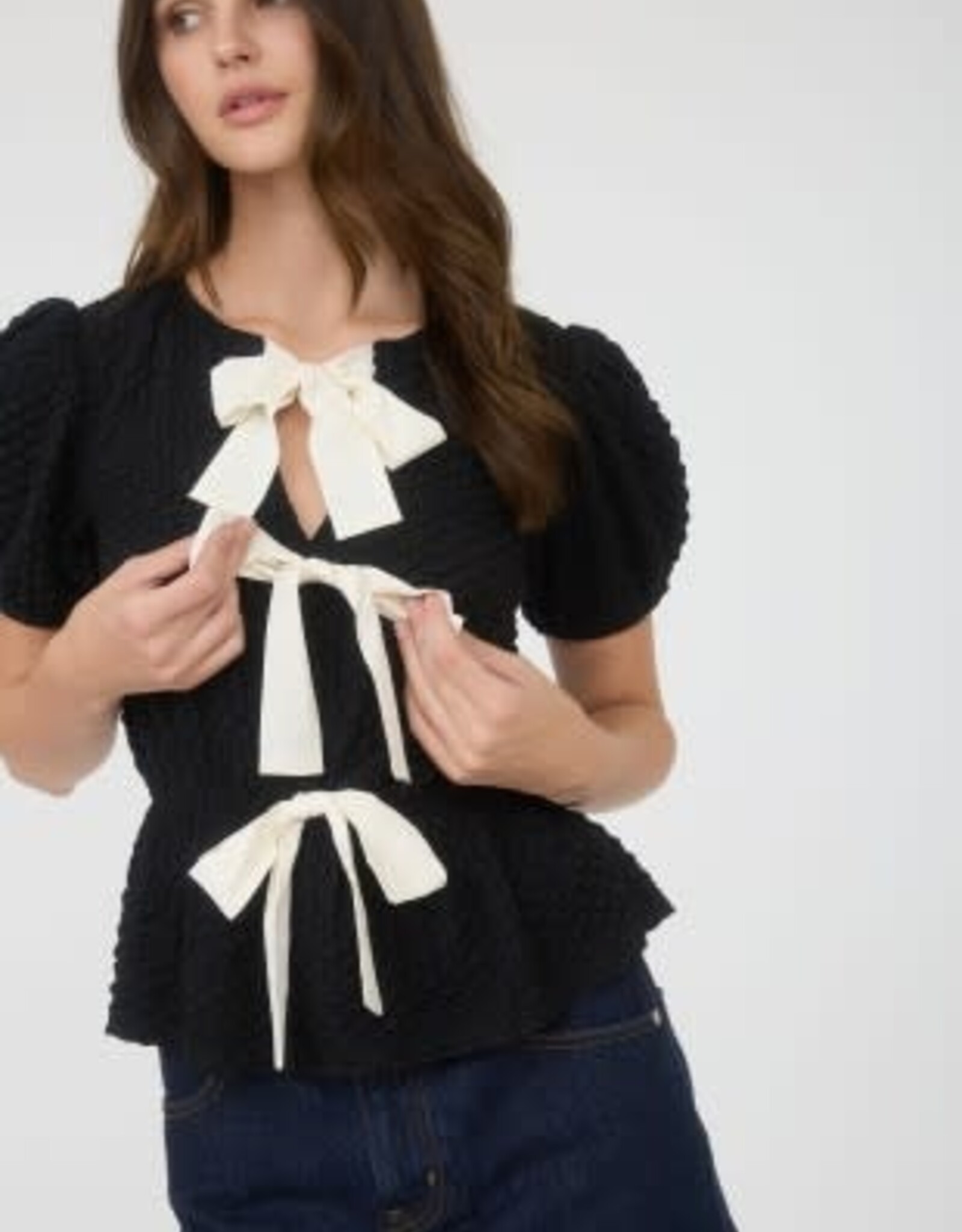 Miss Bliss M&E Front Bow Detail Short Sleeve Puffer Knit Top-Black