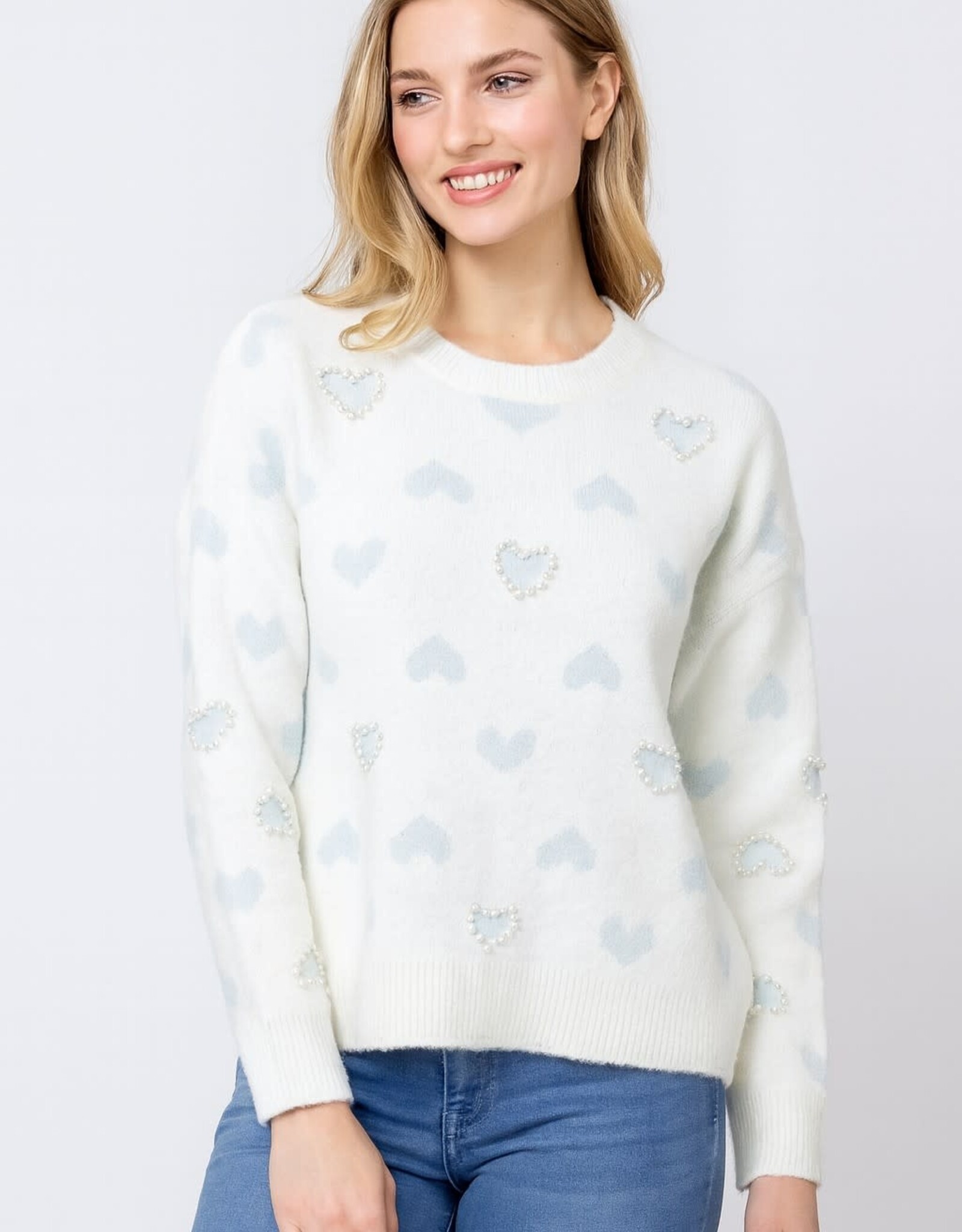 Miss Bliss Dream Beaded Hearts Pullover-Ivory