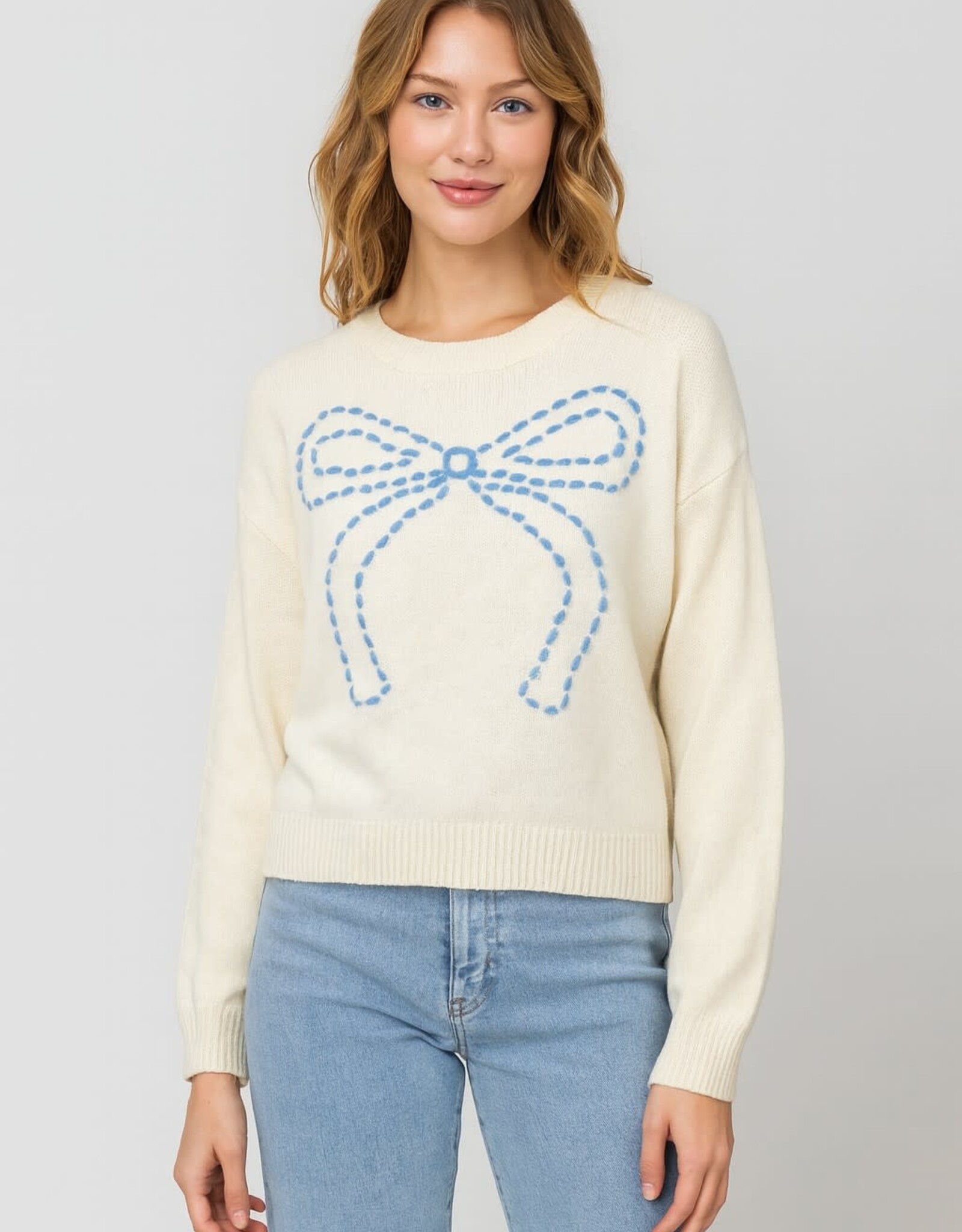 Miss Bliss Dream Stitch-Bow Sweater-Ivory