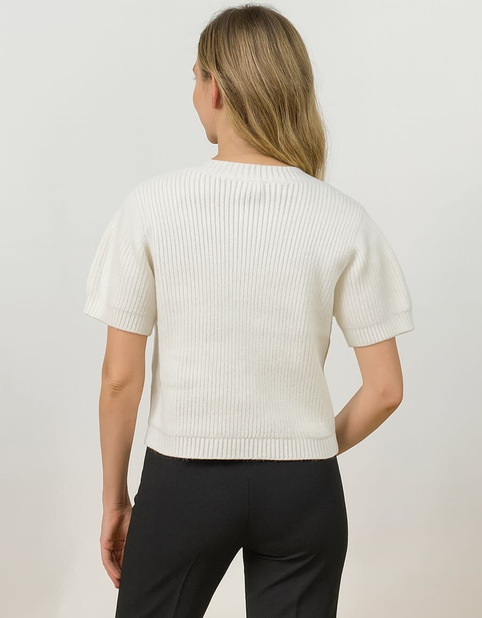 Miss Bliss Dream Ribbed Ss Button Knit Top-Ivory
