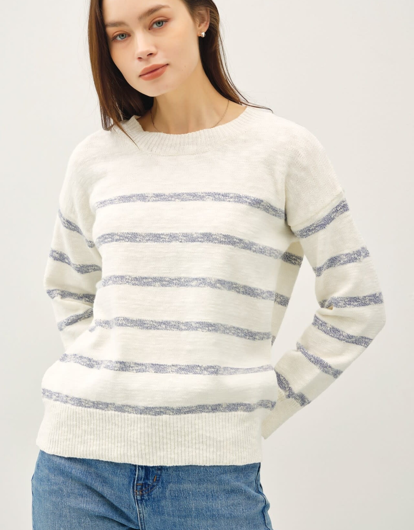 Miss Bliss BC Drop Shldr Heather Striped LS Sweater-Denim/Iv