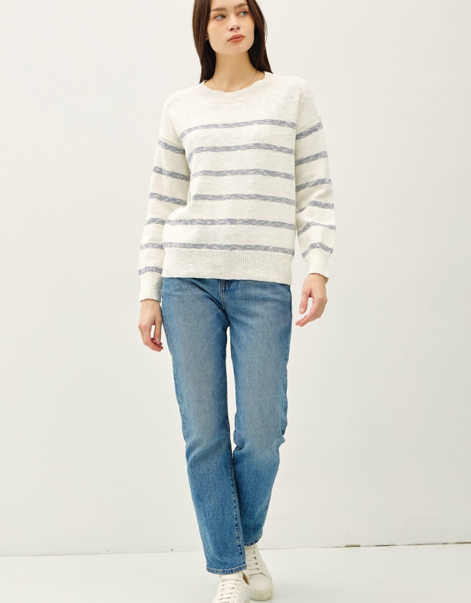 Miss Bliss BC Drop Shldr Heather Striped LS Sweater-Denim/Iv