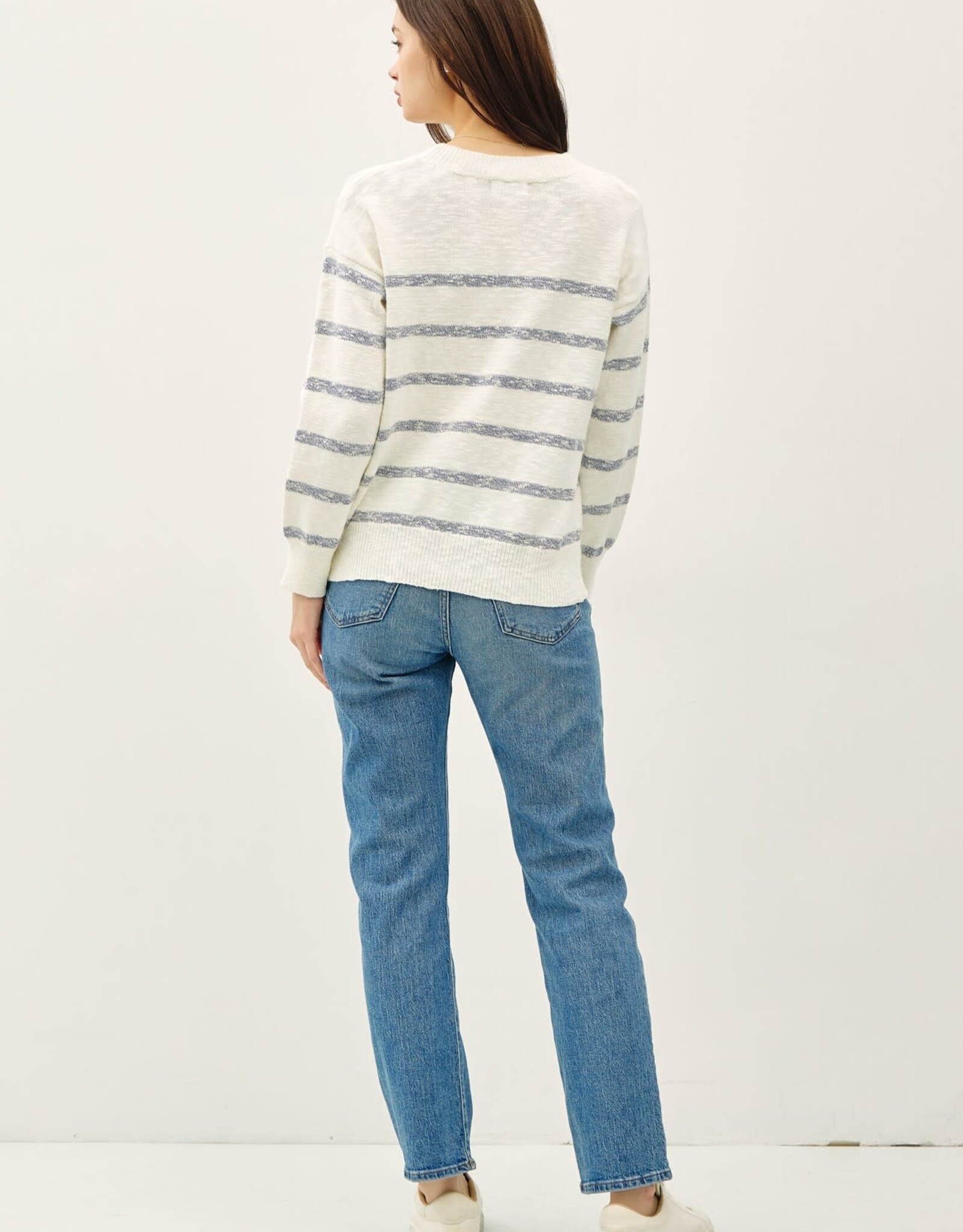 Miss Bliss BC Drop Shldr Heather Striped LS Sweater-Denim/Iv
