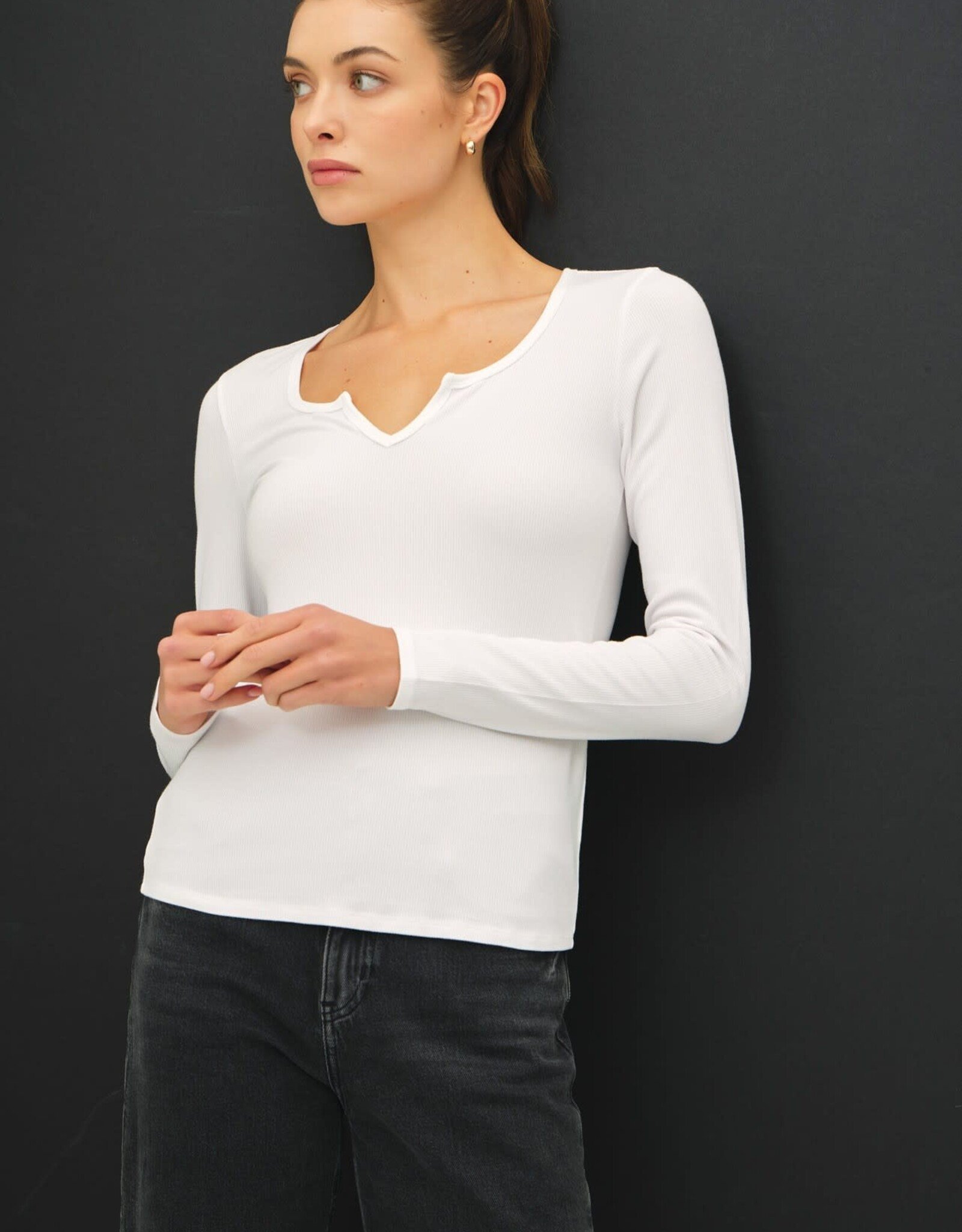Miss Bliss BC Ribbed Notched Neck LS Basic Top-Off White