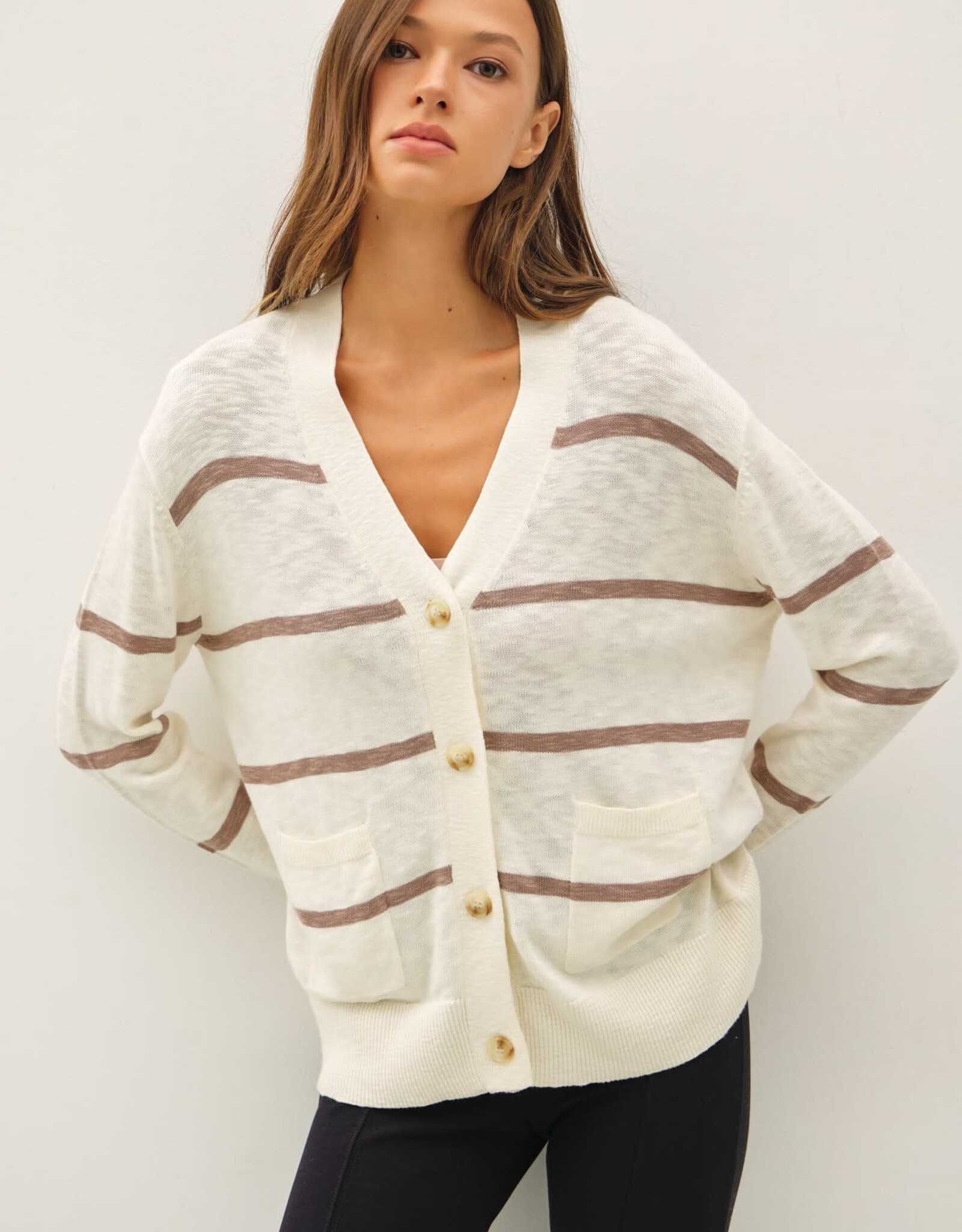 Miss Bliss BC Lightweight Stripe Osized V-neck Cardi- Iv/Brown