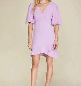 Miss Bliss Puff Sleeves Surplice Ruffle  Mini Dress- Lavander