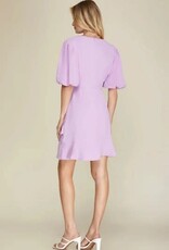 Miss Bliss Collective Puff Sleeves Surplice Ruffled  Mini Dress- Lavander