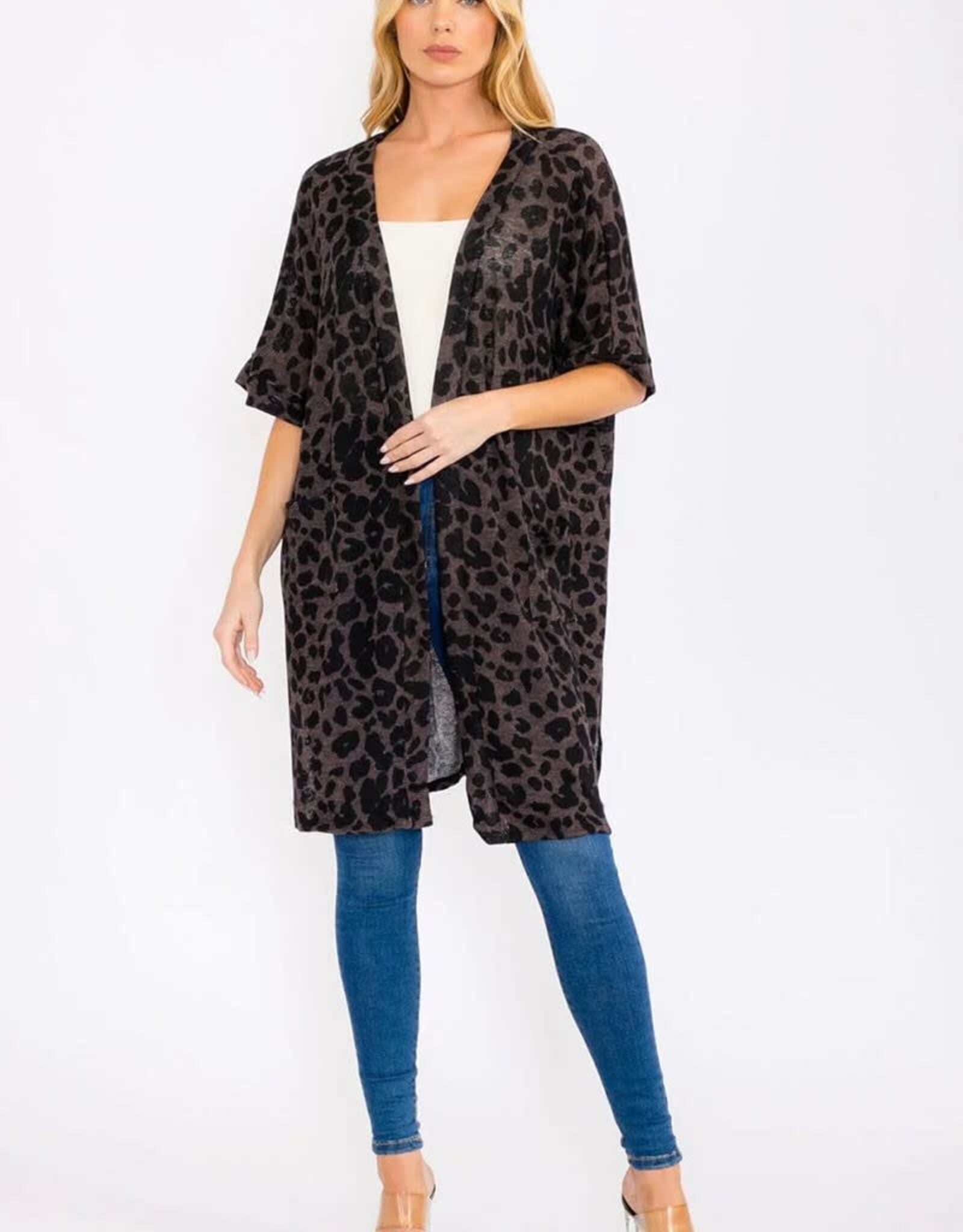 Miss Bliss Collective Short Sleeve Open Front Animal Print Cardigan- Charcoal