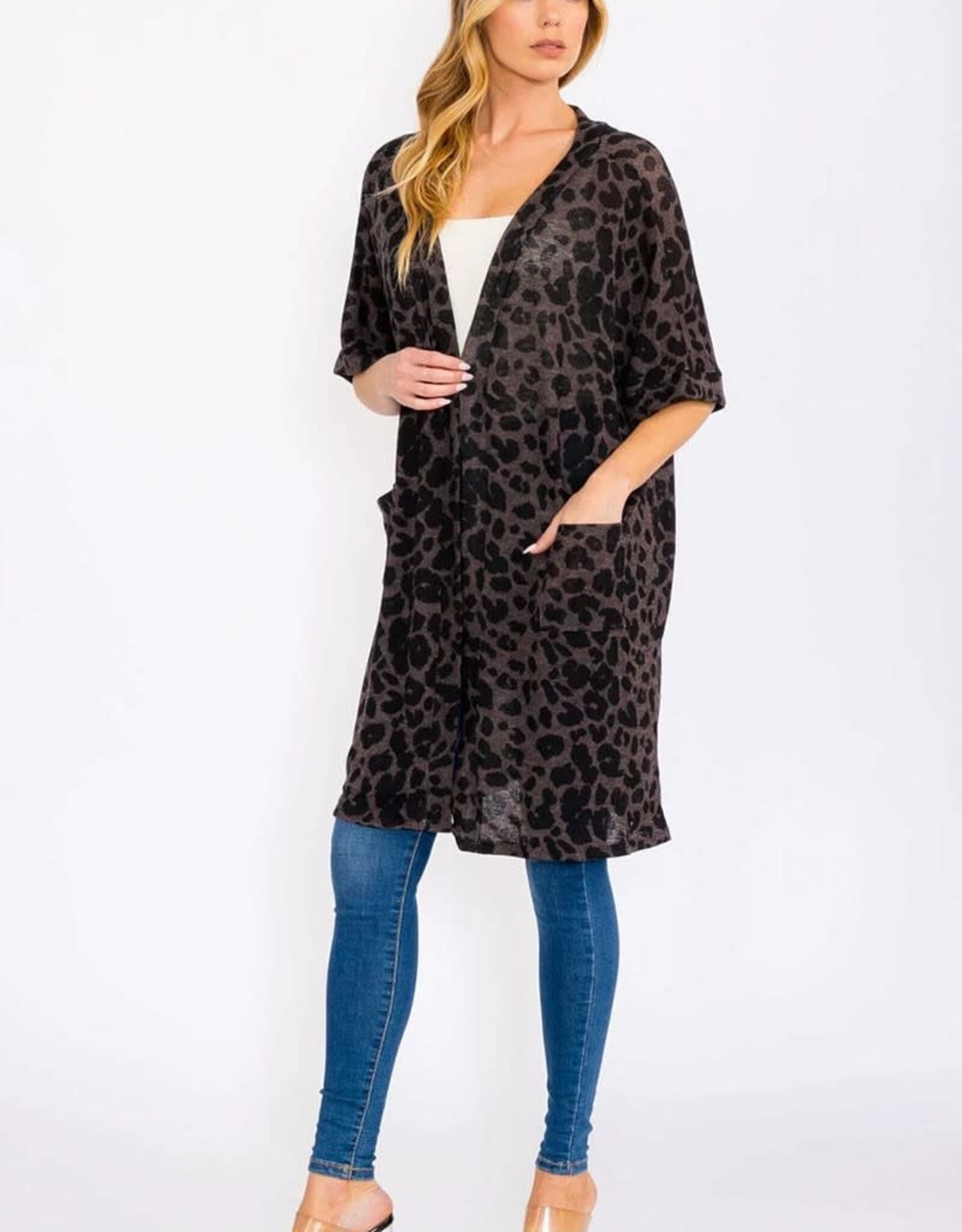 Miss Bliss Collective Short Sleeve Open Front Animal Print Cardigan- Charcoal
