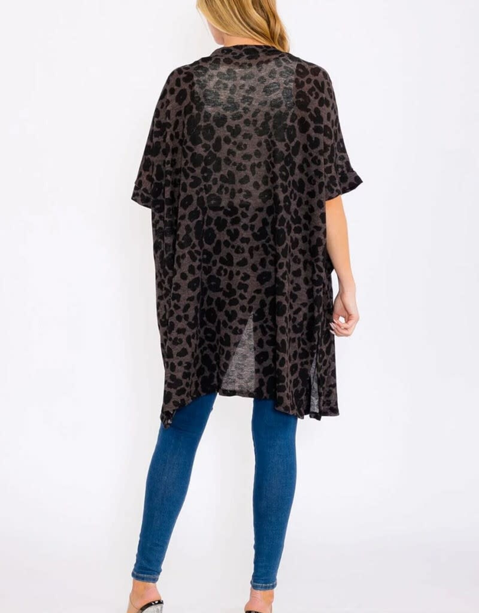 Miss Bliss Collective Short Sleeve Open Front Animal Print Cardigan- Charcoal