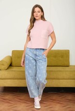 Miss Bliss Blu Mock SS  Nck W Pocket Knit Top-Pink