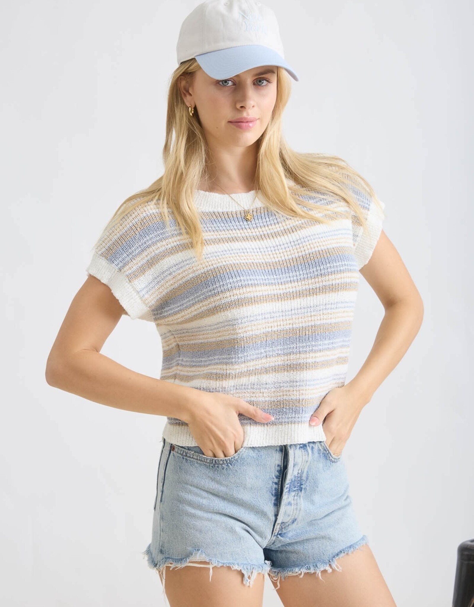 Blu Multi Clr Stripe SS Knit Top-