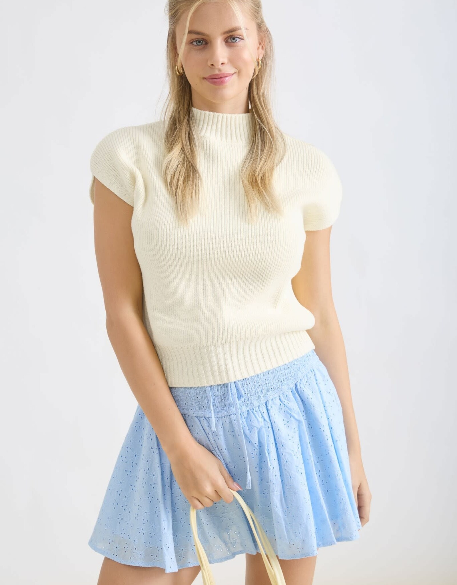 Miss Bliss Blu Mock Nck Extended Shdr Knit Pullover Top-Butter Y
