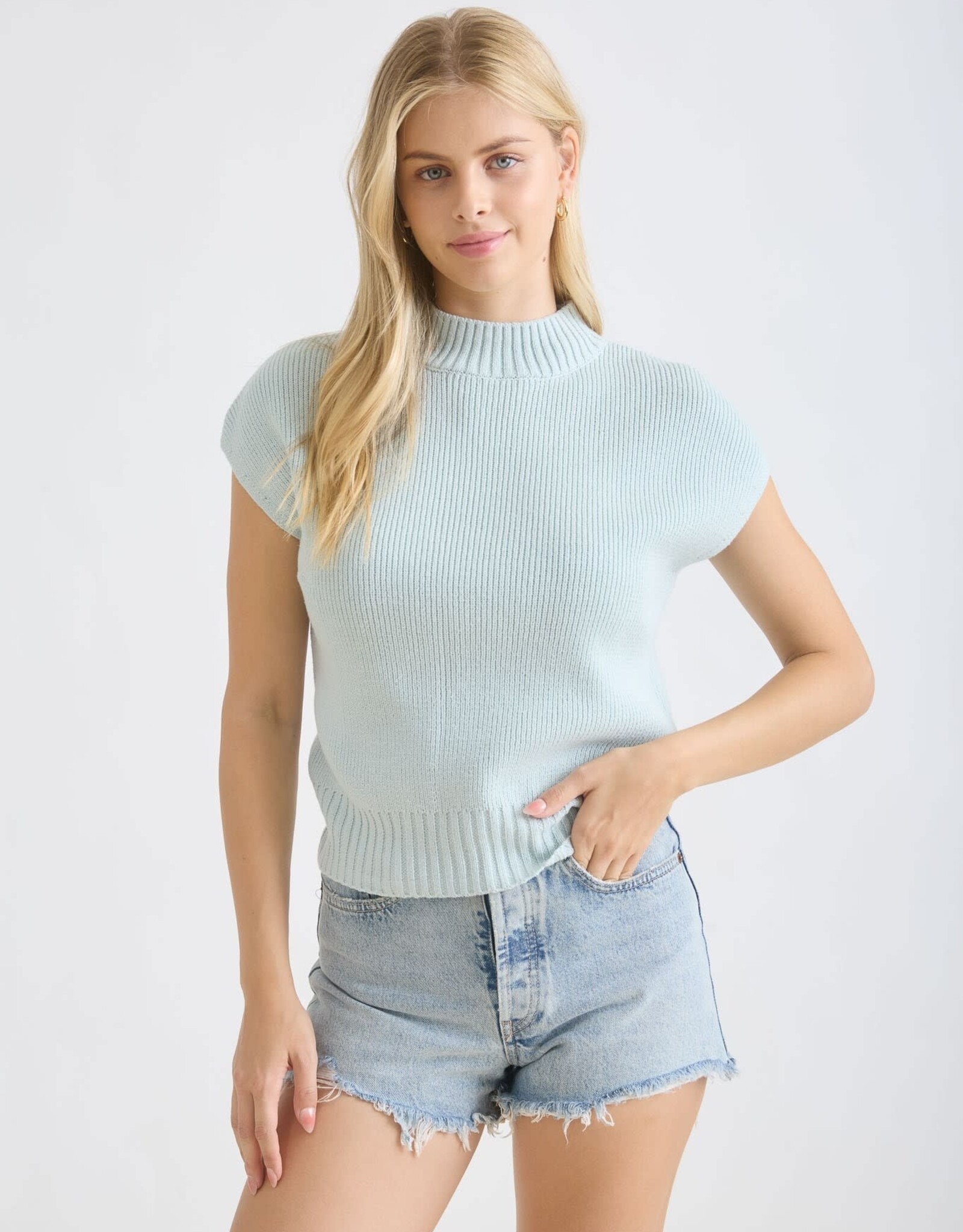 Miss Bliss Blu Mock Nck Extended Shdr Knit Pullover Top-Mint
