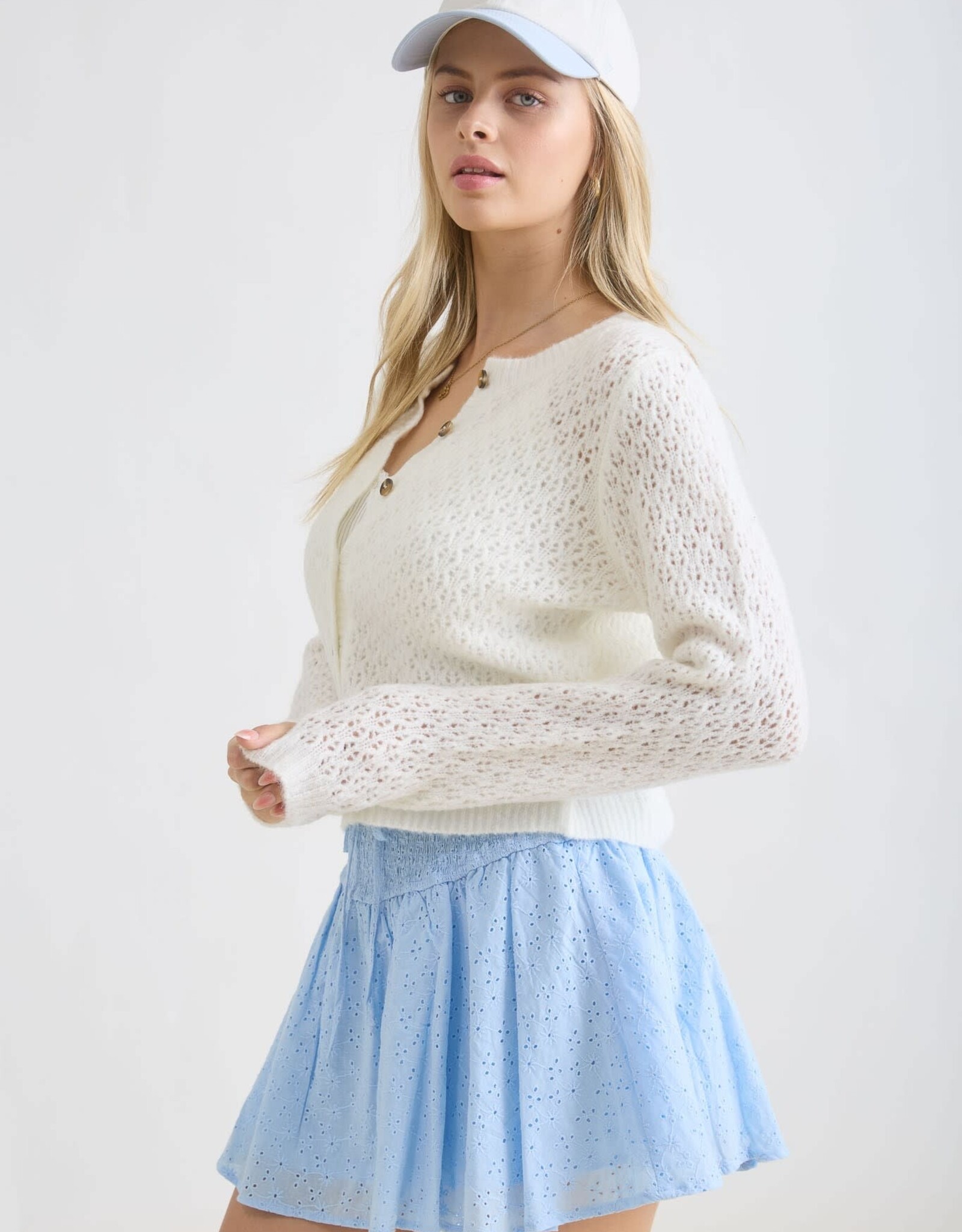 Miss Bliss Blu Eyelet Knit  Button Dwn Cardi-Cream