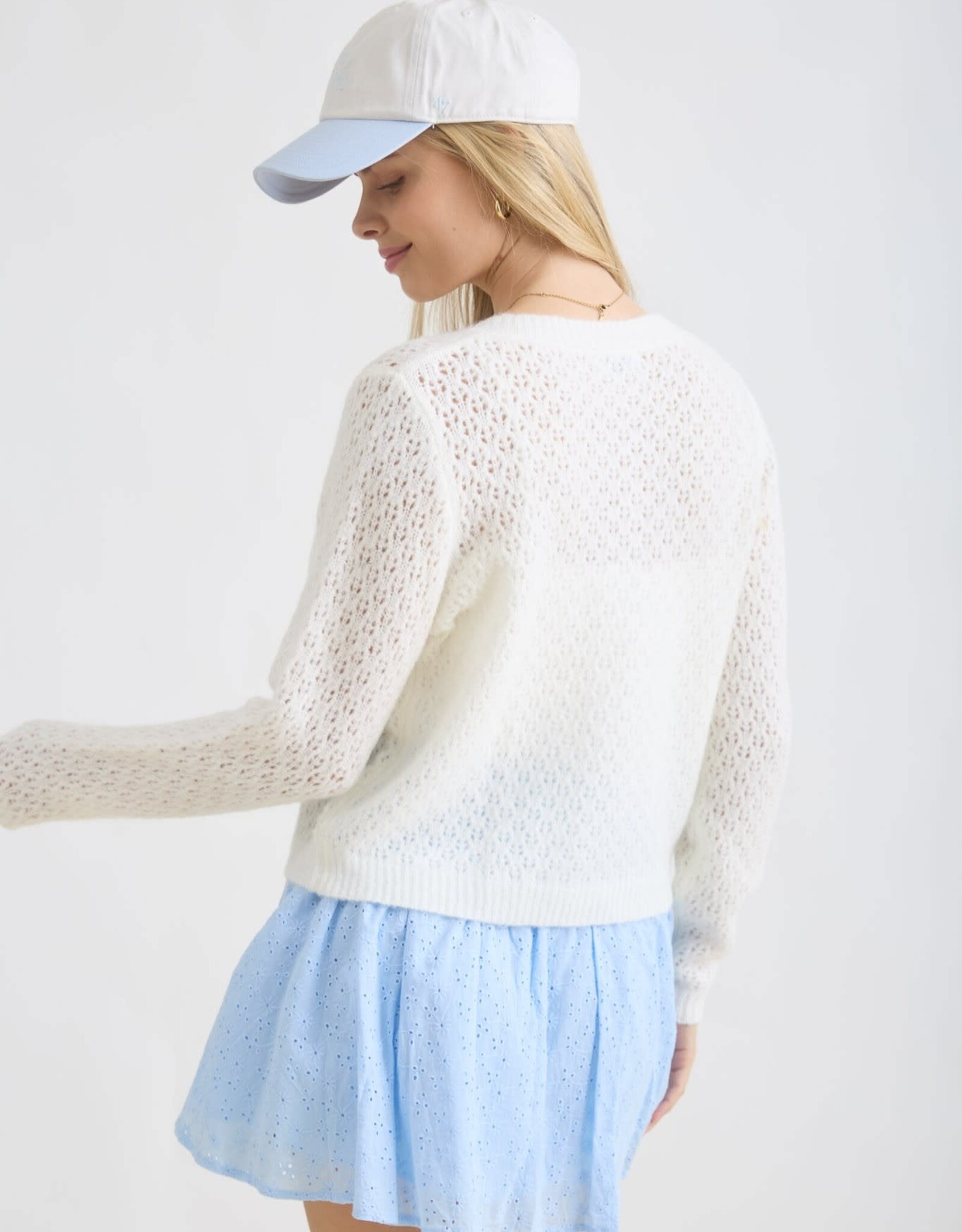 Miss Bliss Blu Eyelet Knit  Button Dwn Cardi-Cream