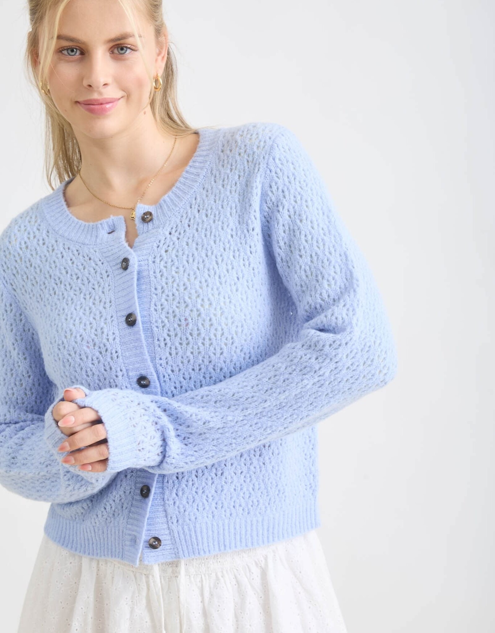 Miss Bliss Blu Eyelet Knit  Button Dwn Cardi-Lt Blue