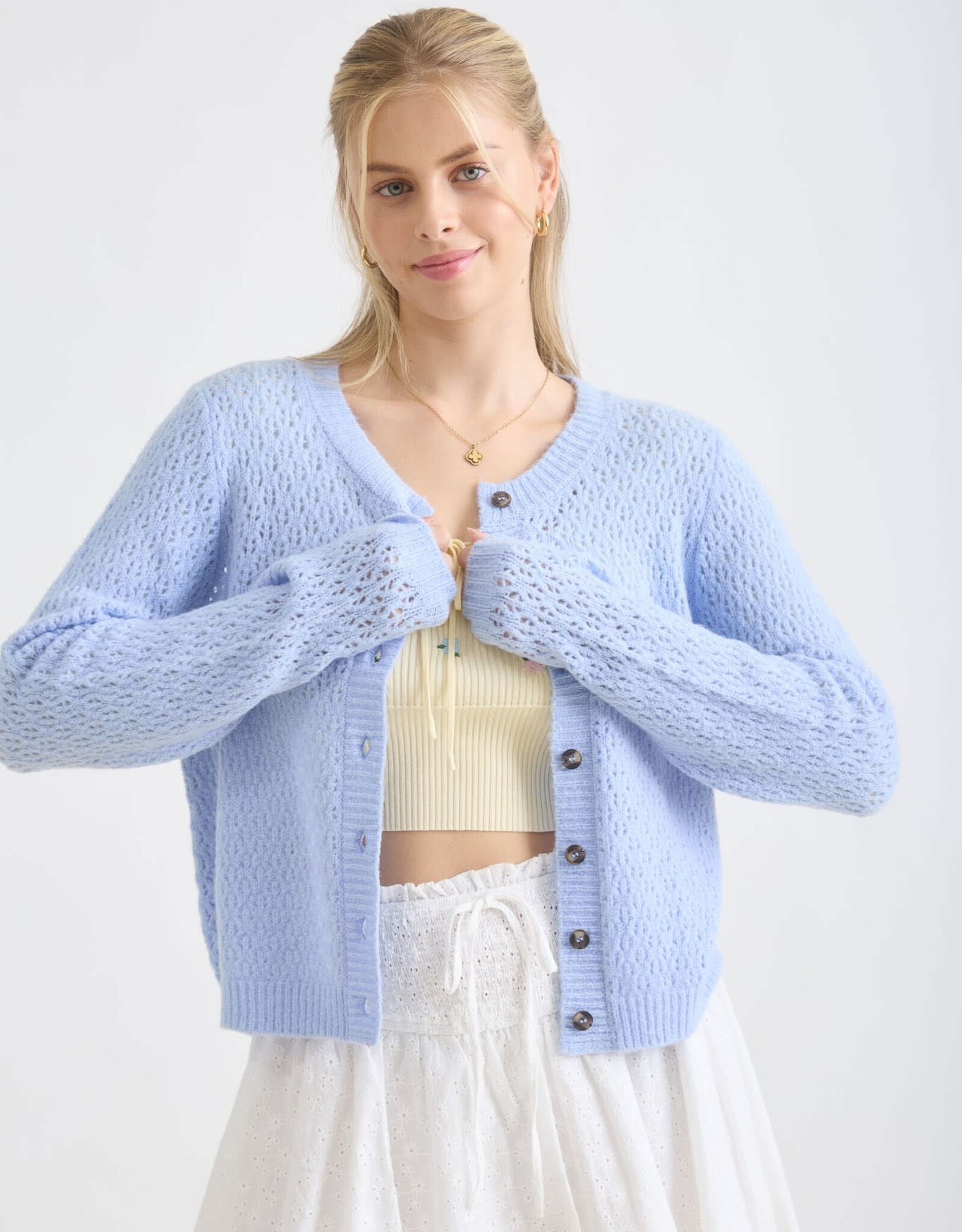 Miss Bliss Blu Eyelet Knit  Button Dwn Cardi-Lt Blue