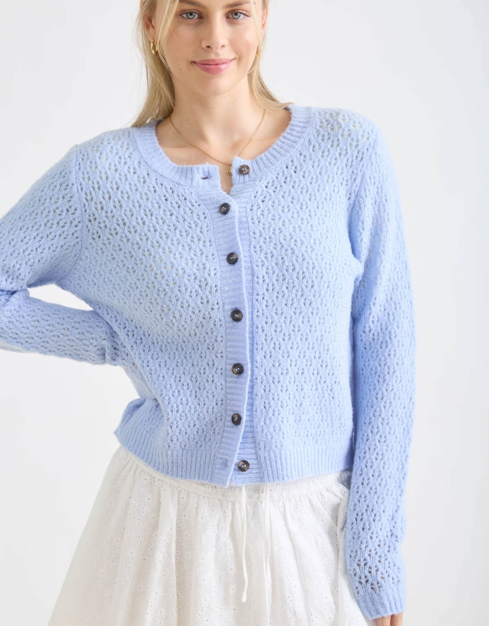 Miss Bliss Blu Eyelet Knit  Button Dwn Cardi-Lt Blue