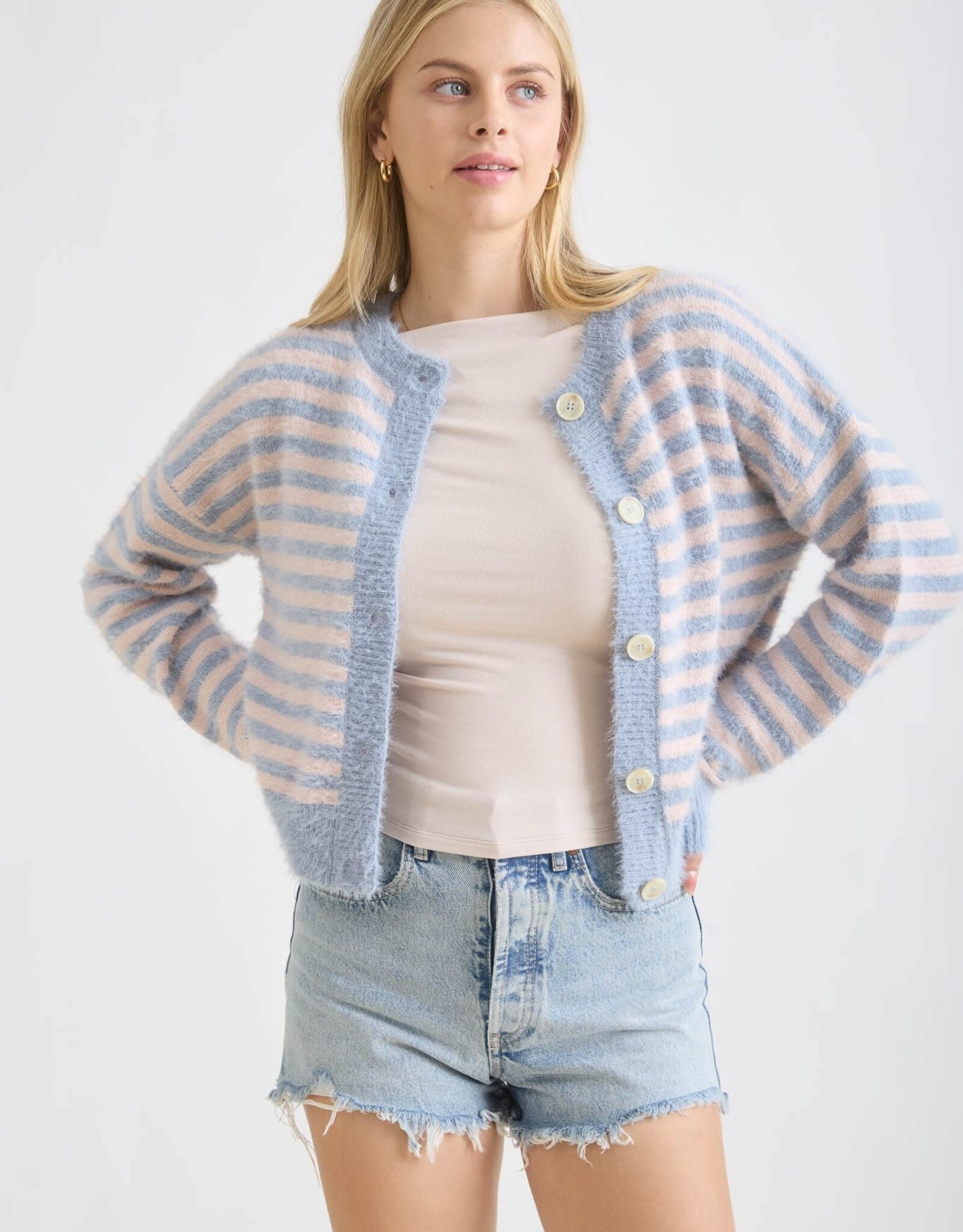 Miss Bliss Blu Stripe Rnd Nck Buttn Dwn Fuzzy Knit Cardi-Blue/Blush