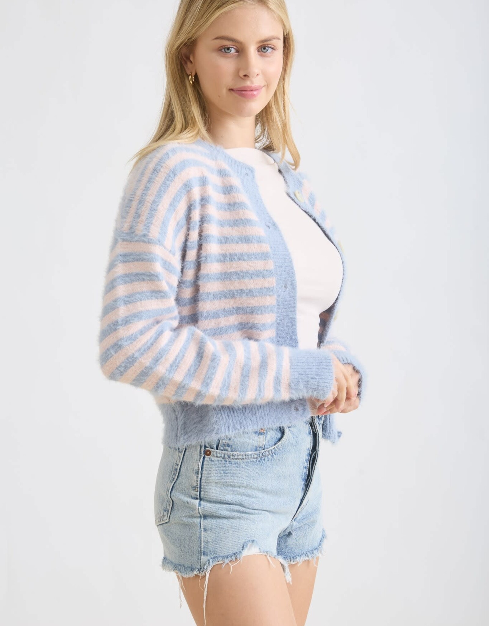 Miss Bliss Blu Stripe Rnd Nck Buttn Dwn Fuzzy Knit Cardi-Blue/Blush