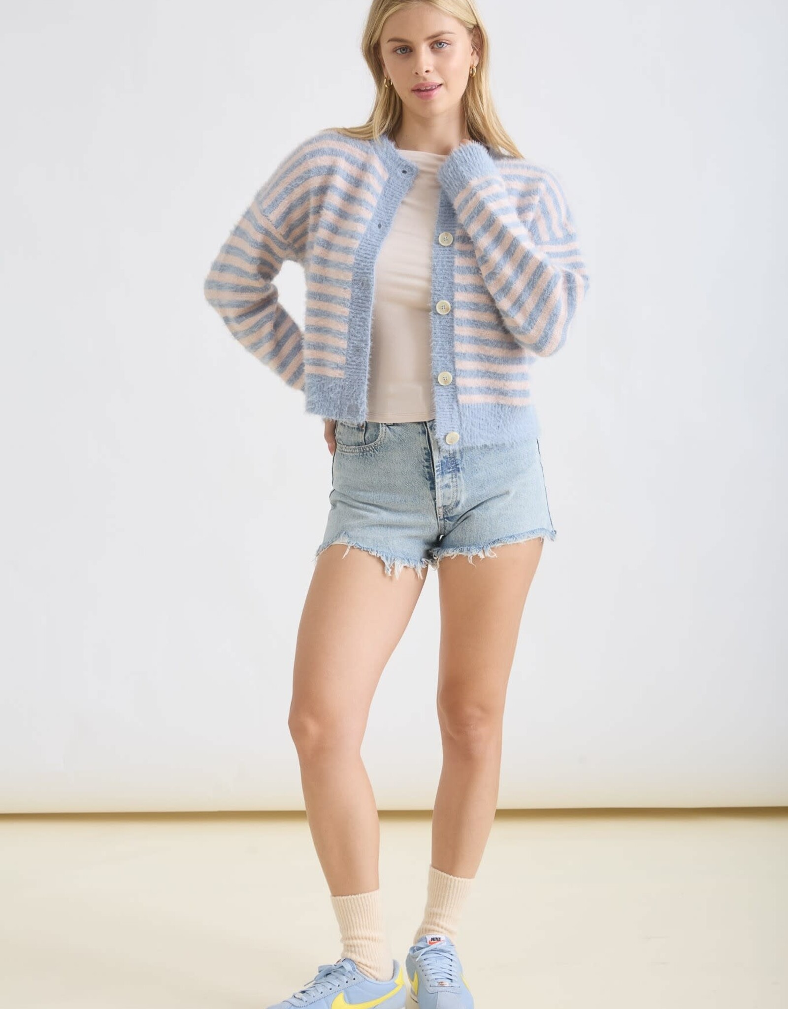 Miss Bliss Blu Stripe Rnd Nck Buttn Dwn Fuzzy Knit Cardi-Blue/Blush