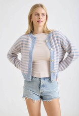 Miss Bliss Blu Stripe Rnd Nck Buttn Dwn Fuzzy Knit Cardi-Blue/Blush