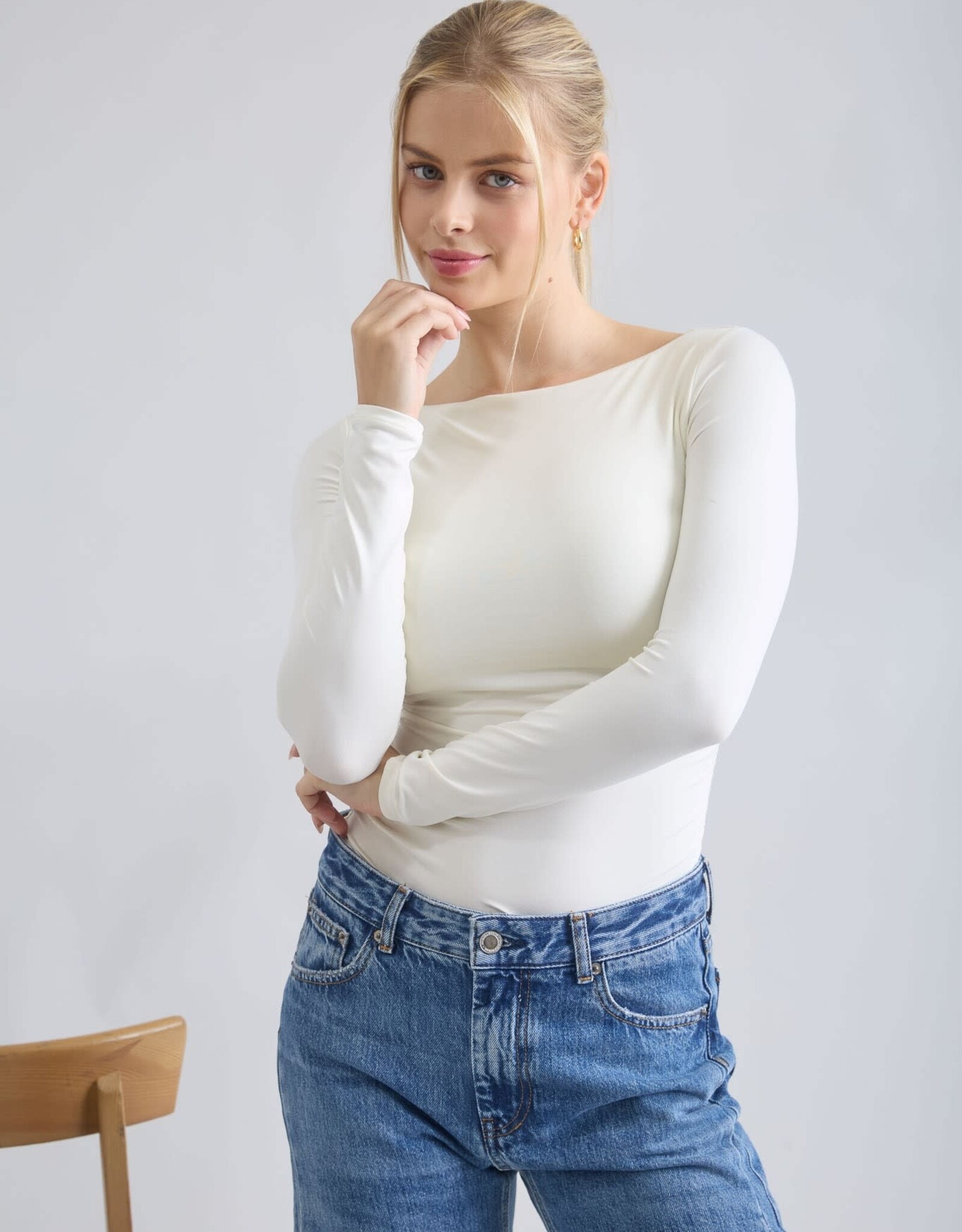 Miss Bliss Blu Boat Nck Ruched LS Top-Cream