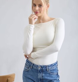 Miss Bliss Boat Neck Ruched Detail Long Sleeve Top-Cream