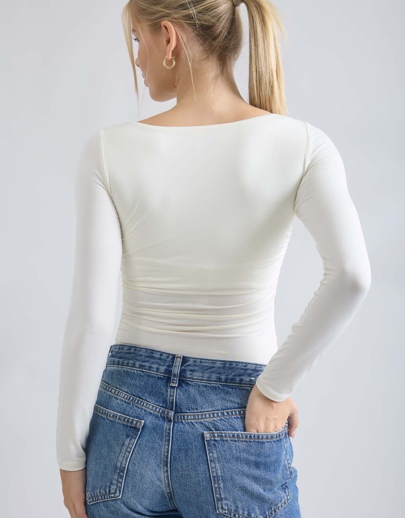 Miss Bliss Blu Boat Nck Ruched LS Top-Cream