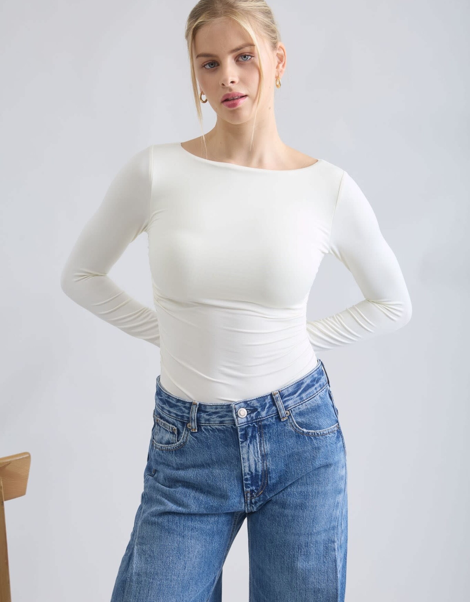 Miss Bliss Blu Boat Nck Ruched LS Top-Cream