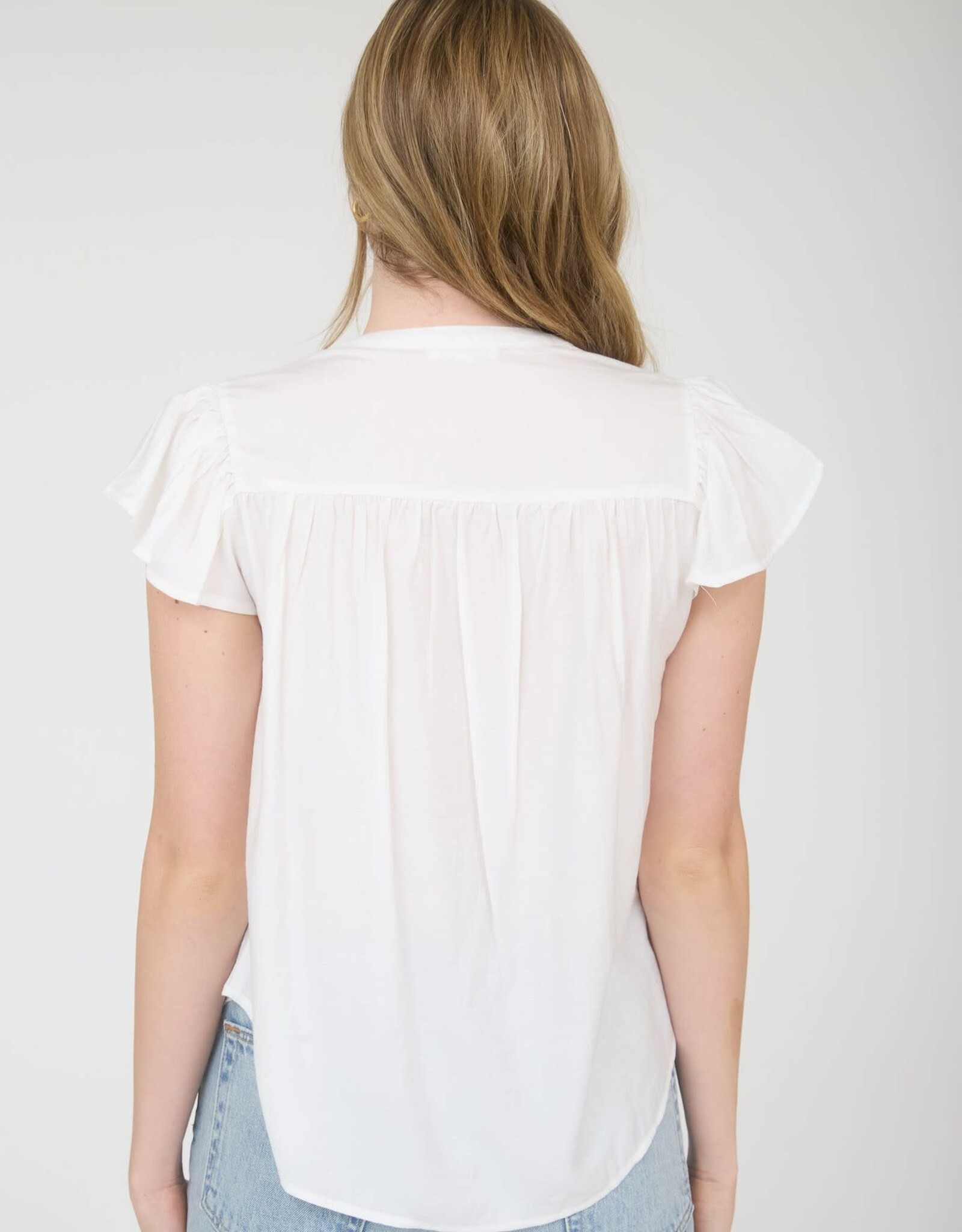 Miss Bliss Blu Ruched Shdr Rfle Slv Button Dwn Top-White