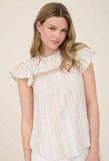 Miss Bliss M&E Multi Clr Stripe Lace Trim Rfle Slv Top-Khaki