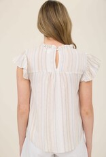 Miss Bliss M&E Multi Clr Stripe Lace Trim Rfle Slv Top-Khaki